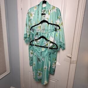 PJ Set Robe Shorts Camisole Womens Medium Floral Lace Turquoise Pajamas
